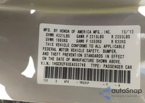 2014 Honda Accord Ex-L из США, поврежденный, VIN 1HGCR2F80EA050749